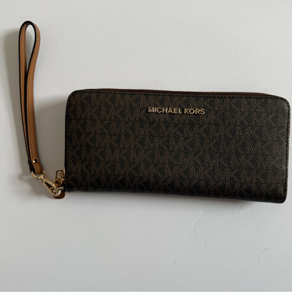 Michael Kors Brown Logo Zip Wristlet with Gold Hardware